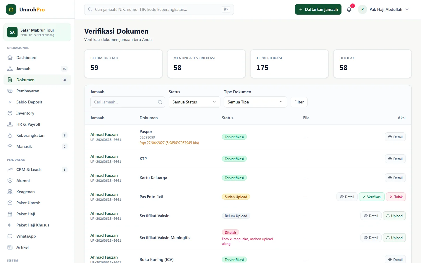 Tampilan UmrohPro: Dokumen yang kurang ketahuan sebelum visa diurus.