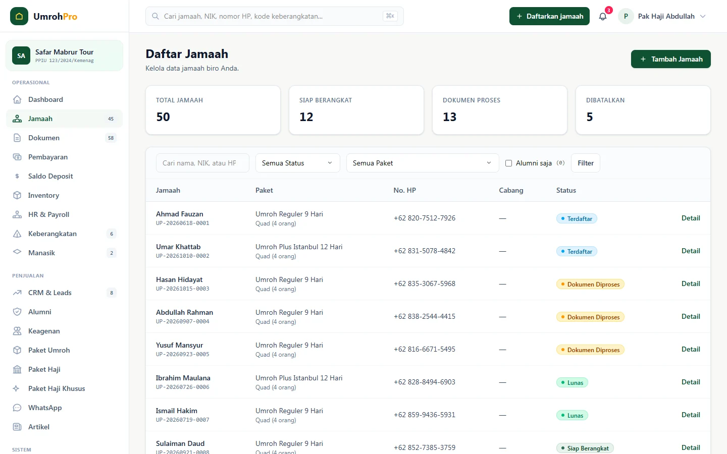 UmrohPro — jamaah, dashboard web