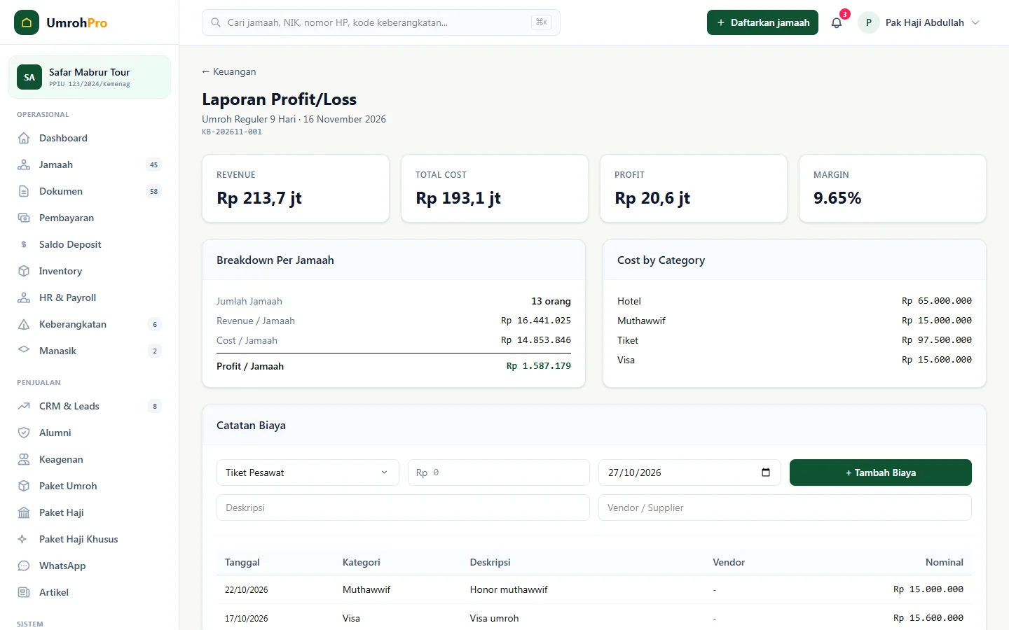 Tampilan UmrohPro: Untung atau rugi satu keberangkatan, tanpa hitung ulang.