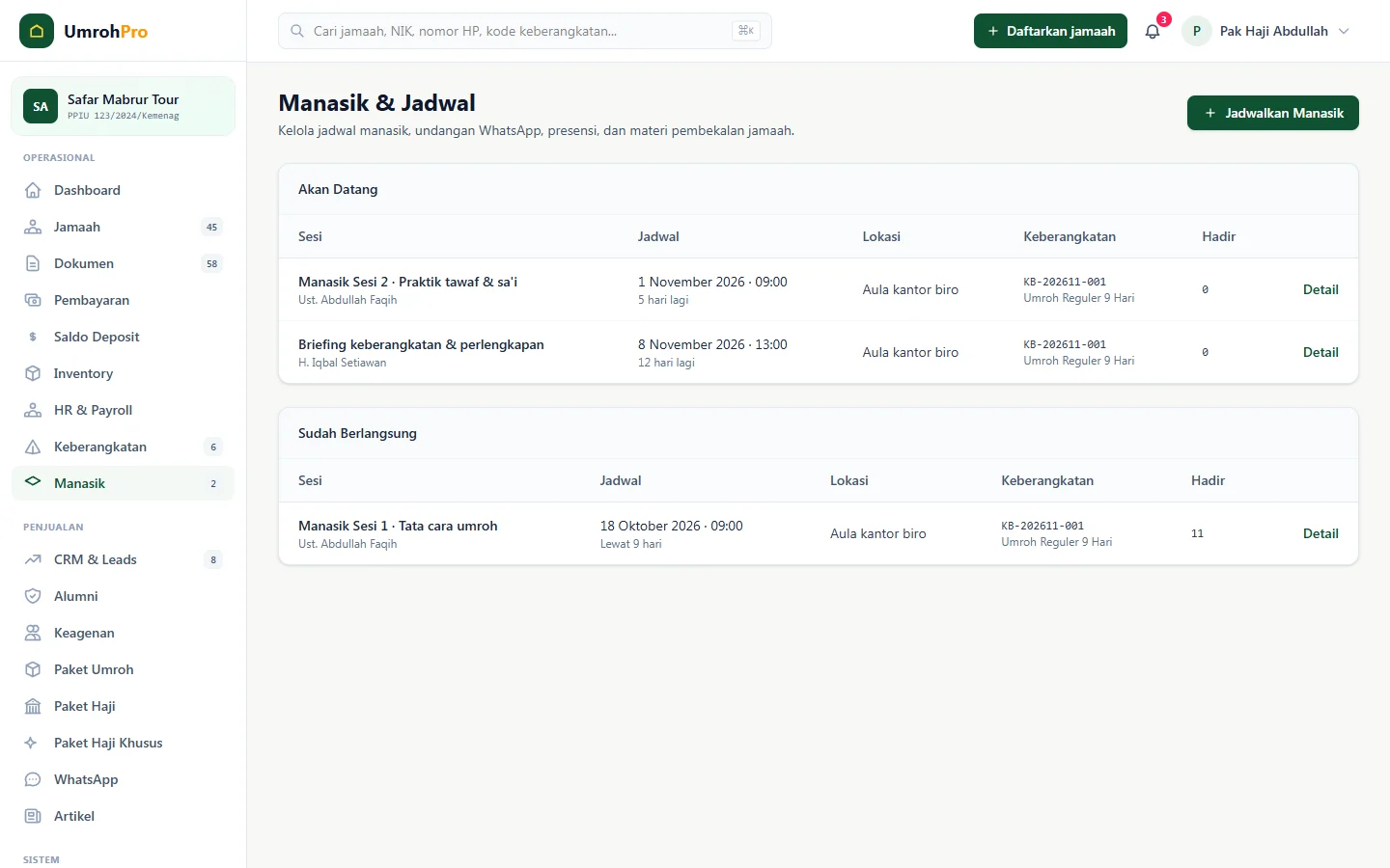 Tampilan UmrohPro: Jadwal manasik dan presensi di satu tempat.