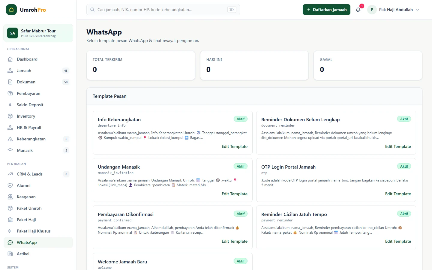 UmrohPro — template wa, dashboard web