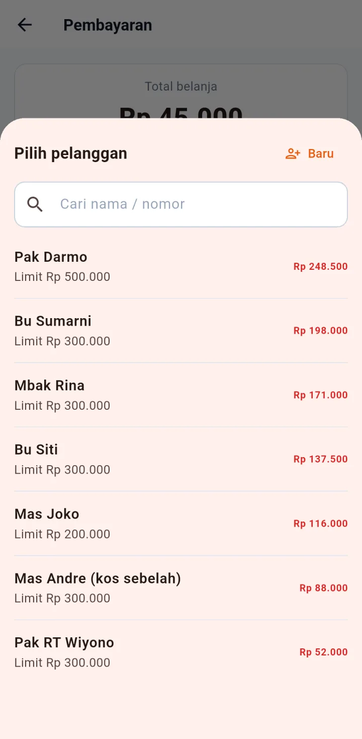 Tampilan WarungPro: Kasbon tercatat atas nama pelanggan, lengkap dengan limitnya.