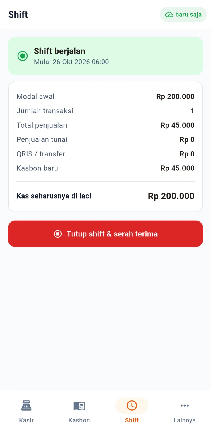 Tampilan WarungPro: Uang laci dihitung setiap ganti penjaga.