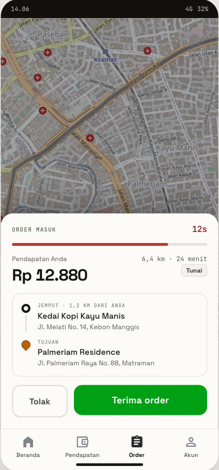 Order masuk — tarif, jarak, titik jemput & tujuan