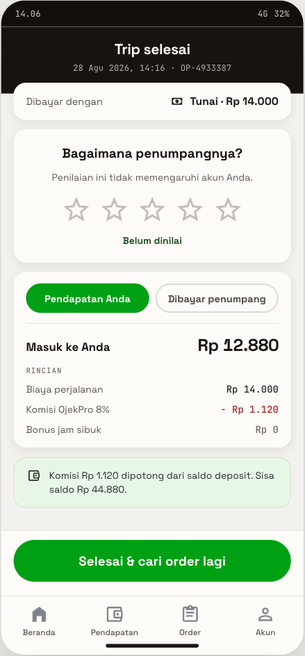 Trip selesai — rincian pendapatan & komisi