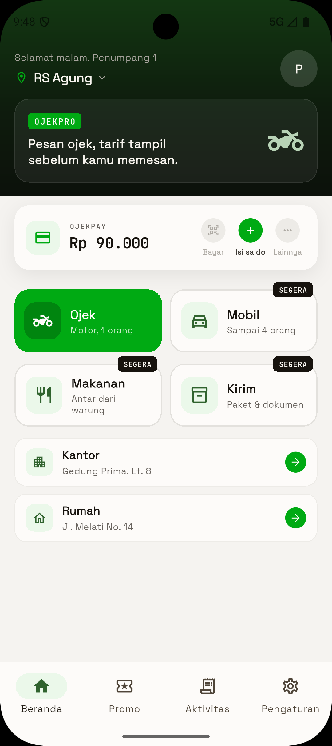 Beranda — saldo OjekPay & pilih layanan