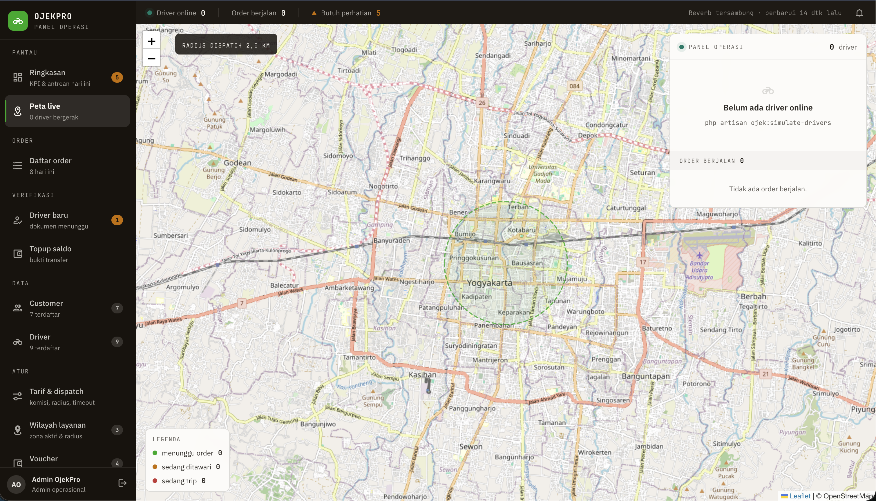 Peta live — posisi driver & radius dispatch