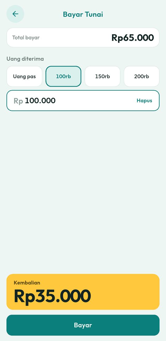 2. Tunai: tombol pecahan cepat, kembalian otomatis