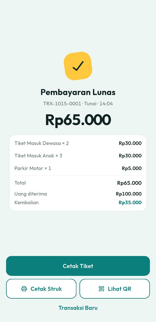 3. Lunas, cetak tiket & struk lewat printer thermal