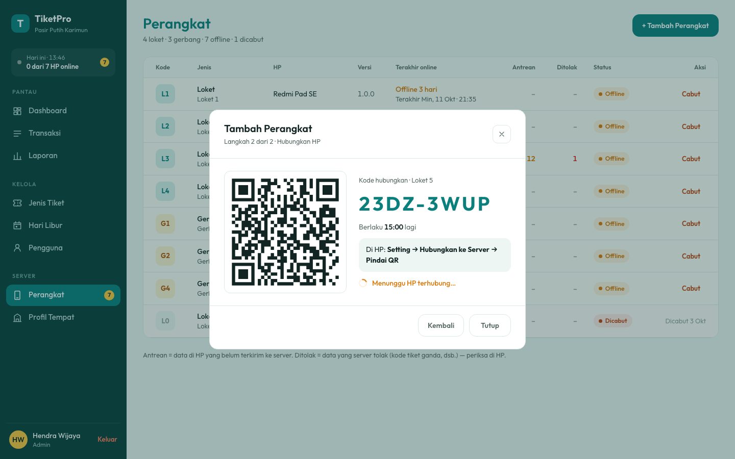 Hubungkan HP dashboard web TiketPro
