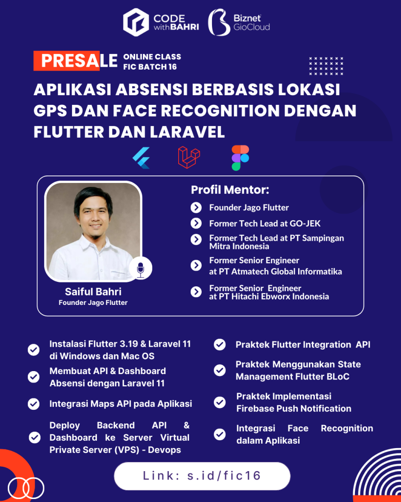 PROMO 500K FIC Batch 16 Fullstack Flutter Laravel Membangun Aplikasi Absensi dengan Face